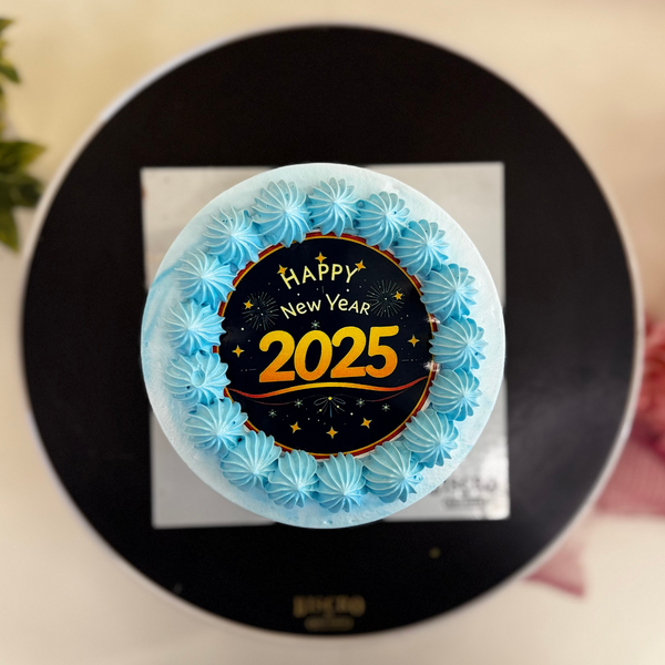 Blue White New Year Photo Cake